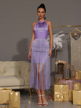 Modphy New Ladies' Sexy Solid Color Halter Backless Tassel Sleeveless Dress, Women's Party Formal Dress